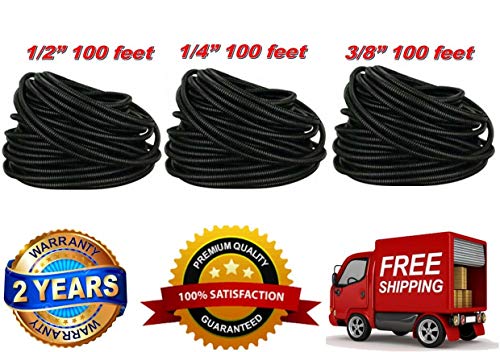 Absolute USA 300 Feet 3 Rolls 1/4", 3/8", 1/2" (100' Each) Black Split Loom Split Wire Loom Polyethylene Conduit Corrugated Plastic Tubing Sleeve for Various Automotive, Home, Marine, Industrial Wirin