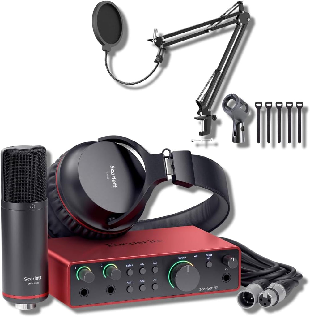 Focusrite Scarlett 2i2 Studio 4th Gen USB Audio Interface Boom Arm Mic Stand Desktop Mount Detachable Clip XLR Cable Microphone Pop Filter Cable Ties