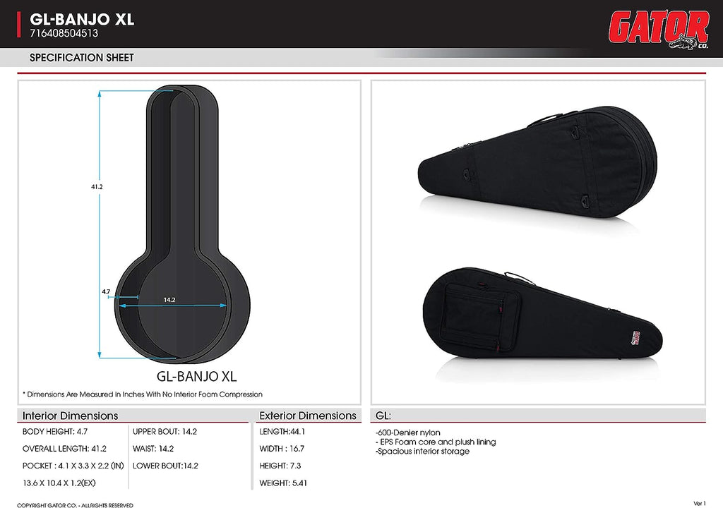 Gator Cases GL-BANJO-XL Lightweight Polyfoam Banjo Case for Full Size Banjos