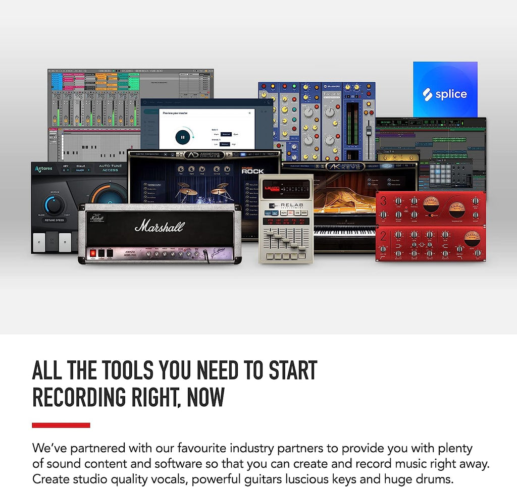 Focusrite Scarlett 2i2 Studio 4th Gen USB Audio Interface Bundle for the Songwriter with Condenser Microphone and Headphones for Recording, Streaming, and Podcasting