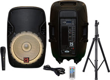 Load image into Gallery viewer, 2 MR DJ PBX4200PKG 15" PA DJ 3000W Bluetooth Karaoke Speaker LED + Speaker Stand