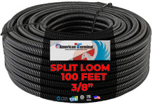 Load image into Gallery viewer, American Terminal 100 Feet Black 3/8" Split Loom Split Wire Loom Conduit Corrugated Plastic Tubing Sleeve for Various Automotive, Home, Marine, Industrial Wiring Applications, Etc.