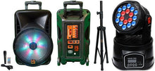 Load image into Gallery viewer, MR DJ DJ15BAT+ 15" Portable Bluetooth Speaker + Speaker Stand + 18-LED Moving Head DJ Light