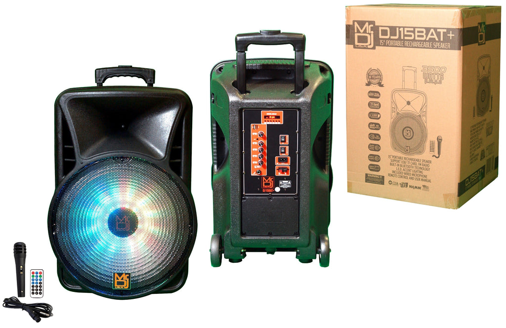 MR DJ DJ15BAT+ 15" Portable Bluetooth Speaker + Speaker Stand + 18-LED Slim Par Wash DJ Light