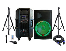 Load image into Gallery viewer, MR DJ PBX4500PKG 15" 2-Way PA DJ 4500W Active Powered Bluetooth Karaoke Speaker LED Lighting & Passive Speaker  + Speaker Stands & Cable