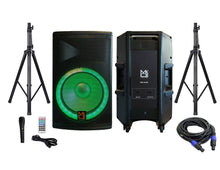 Load image into Gallery viewer, MR DJ PBX4500PKG 15" 2-Way PA DJ 4500W Active Powered Bluetooth Karaoke Speaker LED Lighting & Passive Speaker  + Speaker Stands & Cable