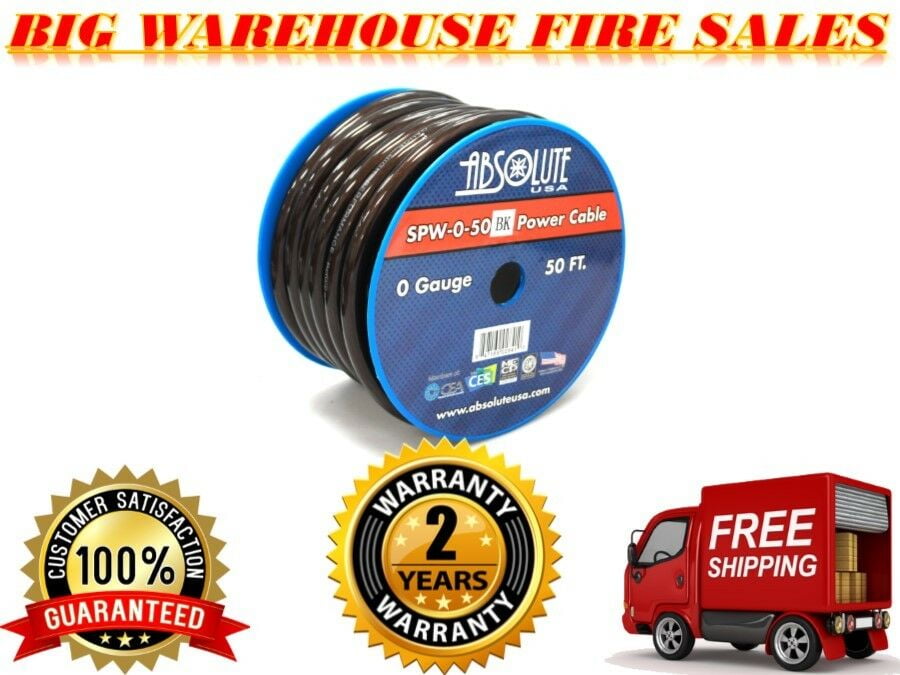 Absolute 1/0 Gauge 50 FT PRO Xtreme Twisted Power / Ground Battery Wire Cables Black