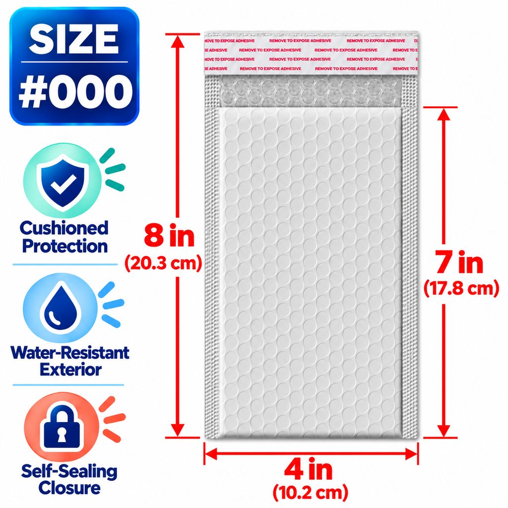 BM Paper 250-Pack #000 4" x 7" White Bubble-Lined Poly Mailers Self-Sealing Padded Shipping Envelopes