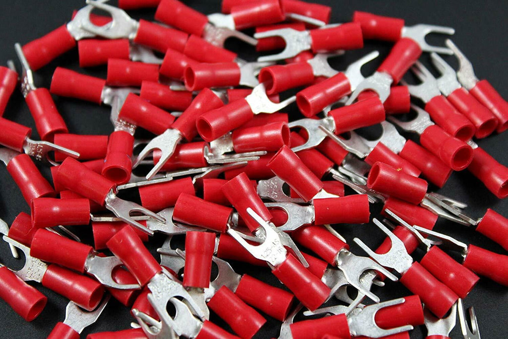 E-SR8-100 100 Red Insulated Fork Spade Wire Connector Electrical Crimp Terminal 18-22AWG