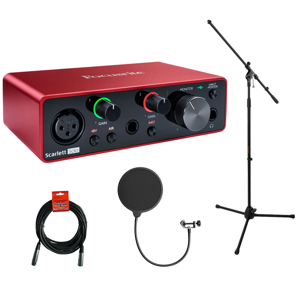 Focusrite Scarlett Solo 4rd Gen 2-In, 2-Out USB Audio Interface Bundle with Mic Stand + Pop Filter and XLR Cable