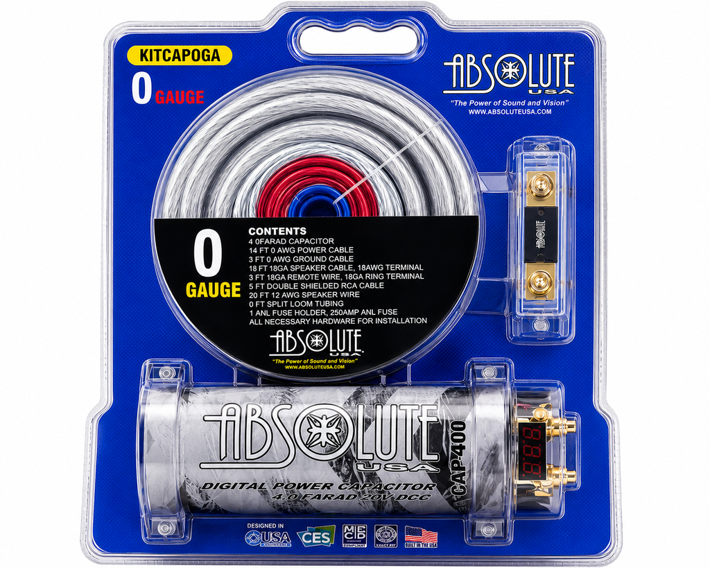 Absolute KITCAP0GASI 0 Gauge Amplifier Installation Kit & 4 Farad Digital Capacitor Package