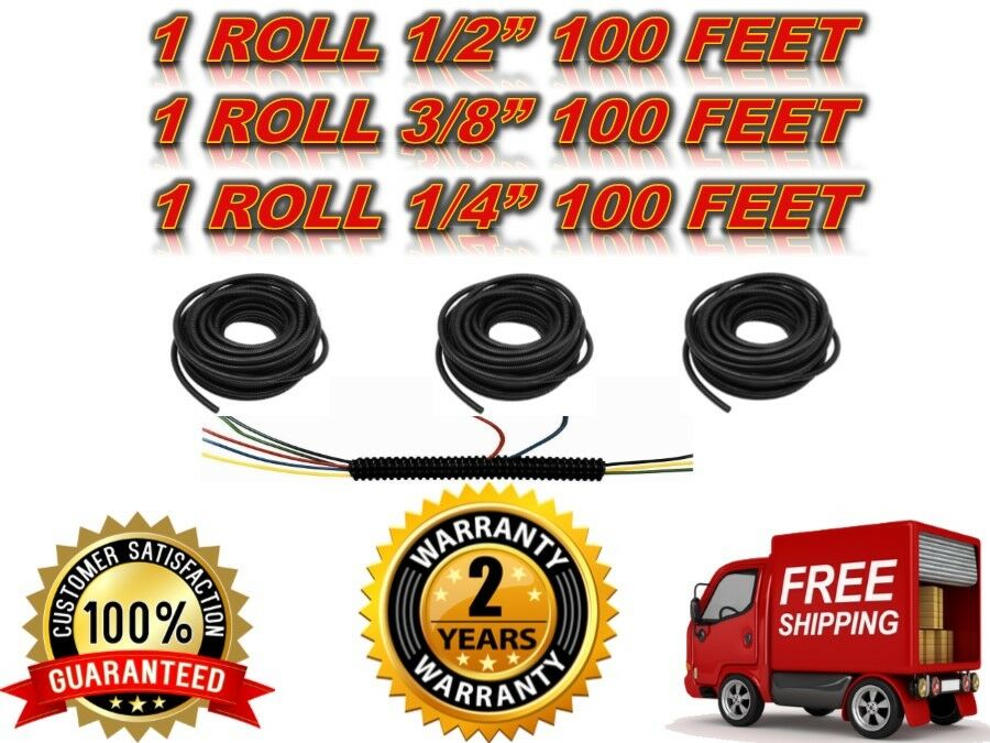 3 Rolls 100ft ea Split Cable Wire Loom PolyethyleneTubing 1/4" 3/8" 1/2" Conduit