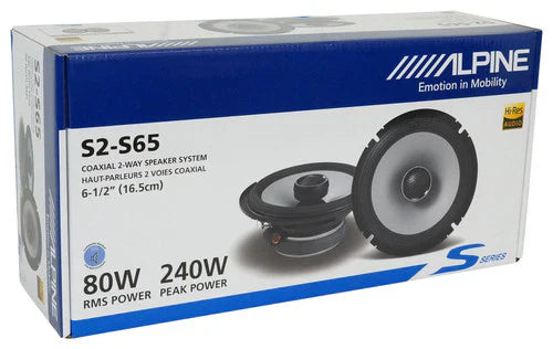 Alpine 6.5" S2-S65C Component S2-S65 Coaxial & S2-A36F 4 CH Amplifier & KIT4