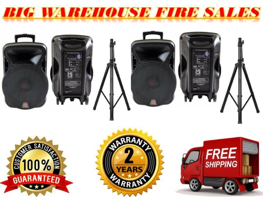 2 MR DJ 15" 4000W Bluetooth DSP FM USB Portable PA DJ Speaker & Stands