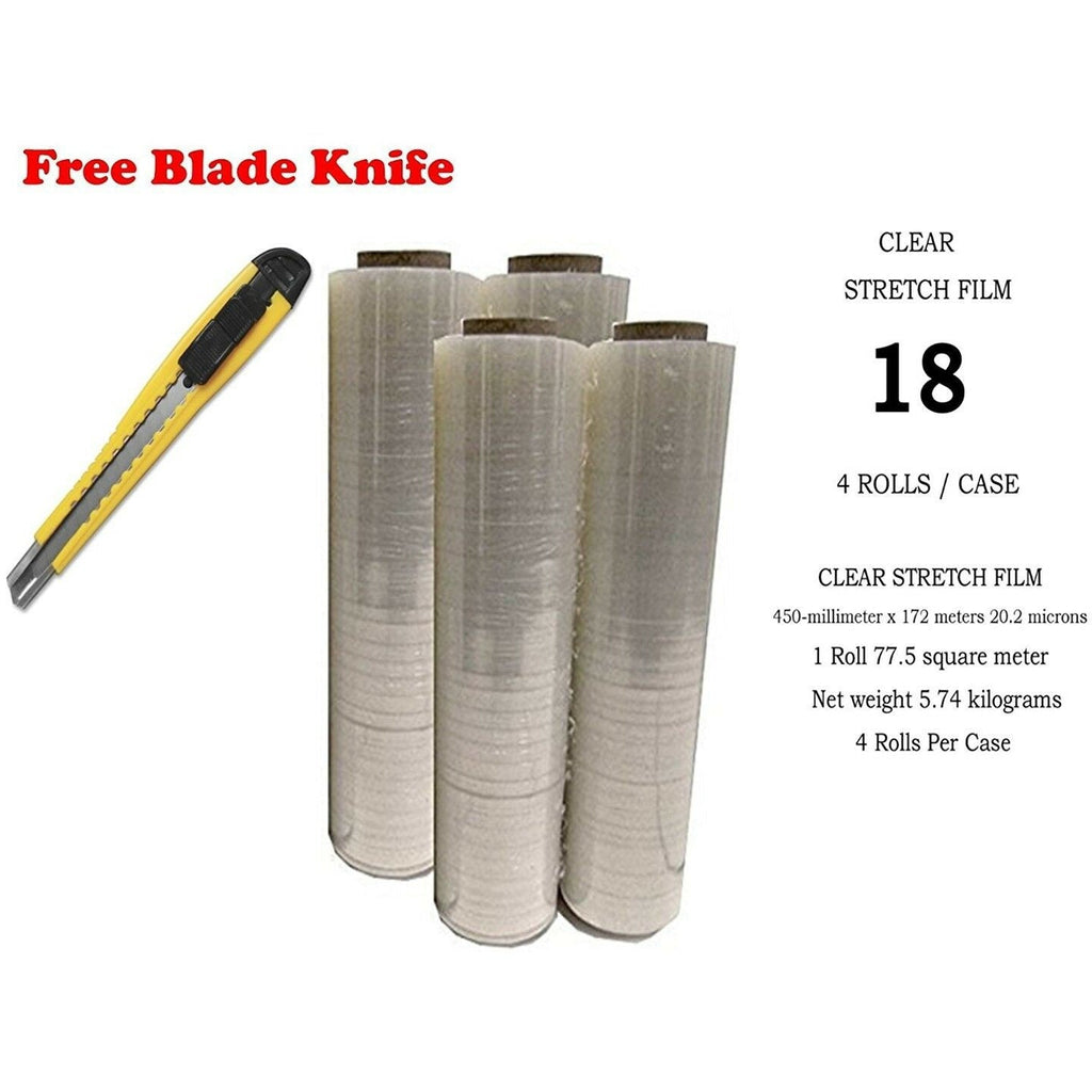 BM Paper 1 X Four (4) Plastic Shrink Stretch Wrap 445mm x 450m, 4RLS/CS + Free BLADE