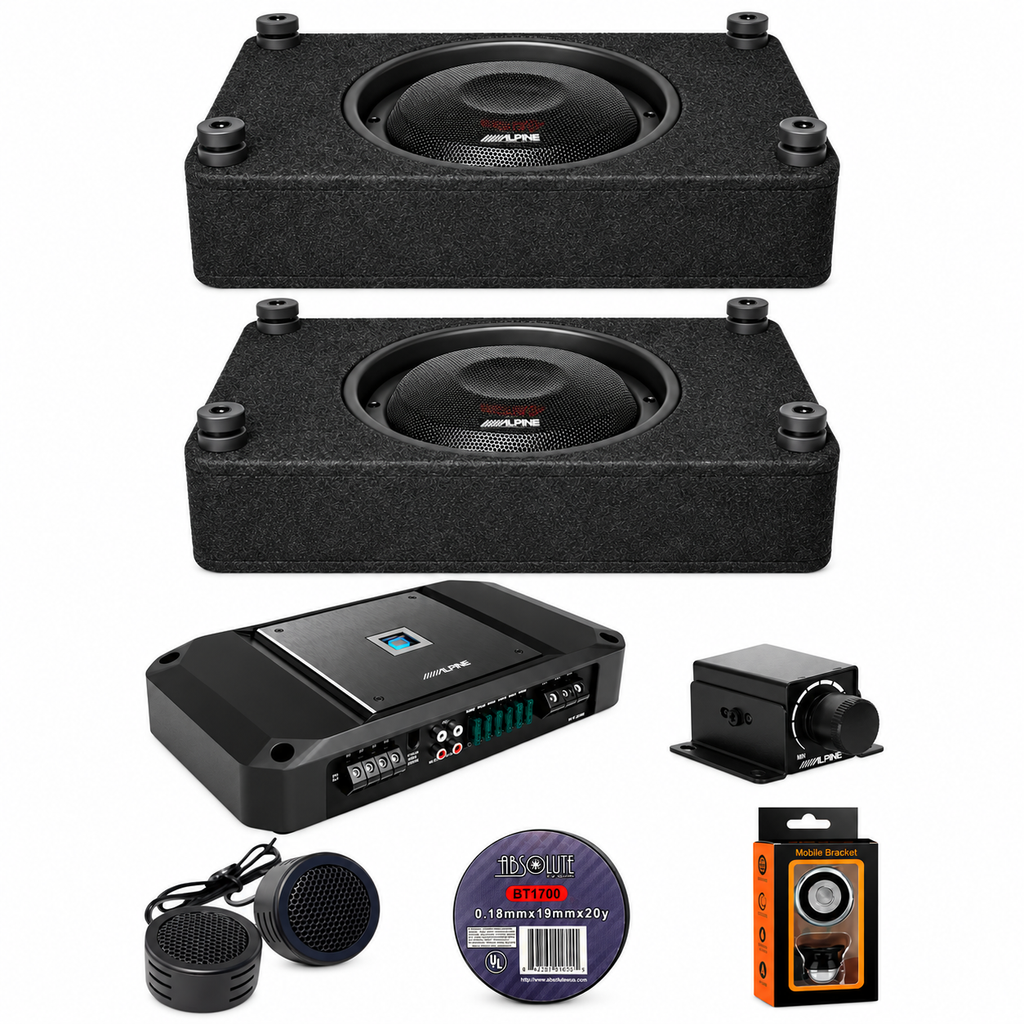 Alpine RS-SB12 x2 12" Preloaded Enclosure + R2-A150M Amp + RUX-KNOB.2 Bass Knob + Accessory Bundle