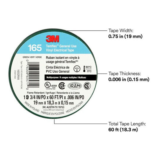 20pc 3M Electrical Tape Temflex 60ft Rolls 165 20-Pack Professional Vinyl Tape 60 Feet per Roll