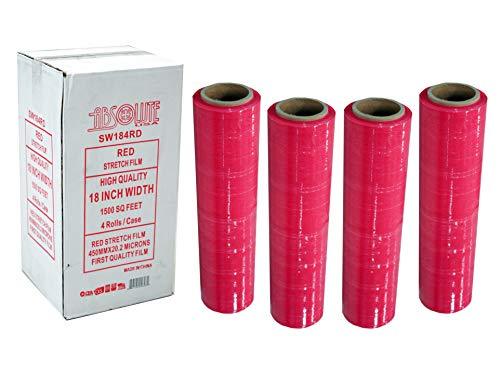 Absolute SW184RD 4 Rolls Red Hand Stretch Plastic Film Pallet Shrink Wrap 18" x 1500 SQ FT 80 Gauge