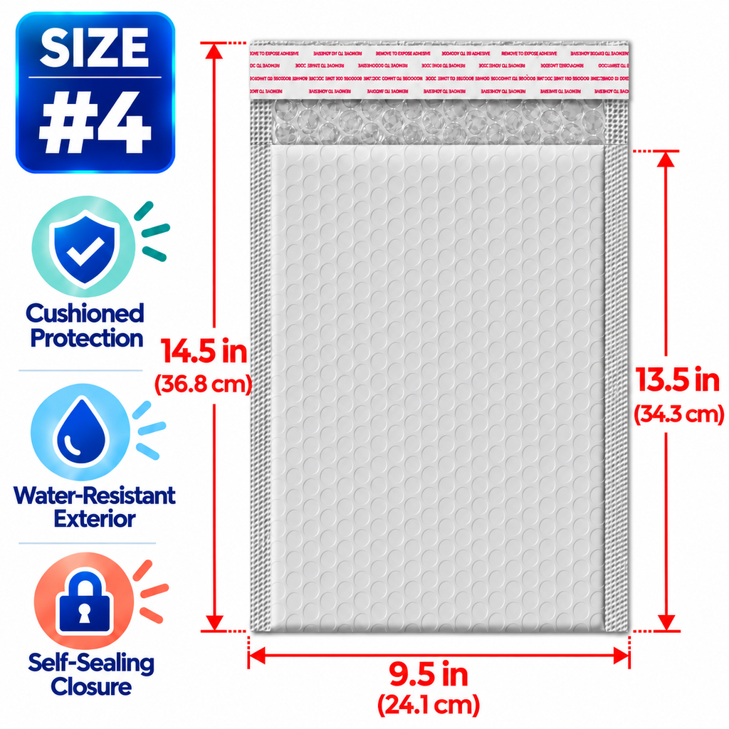 BM Paper 200-Pack #4 9.5" x 13.5" White Bubble-Lined Poly Mailers Self-Sealing Padded Shipping Envelopes