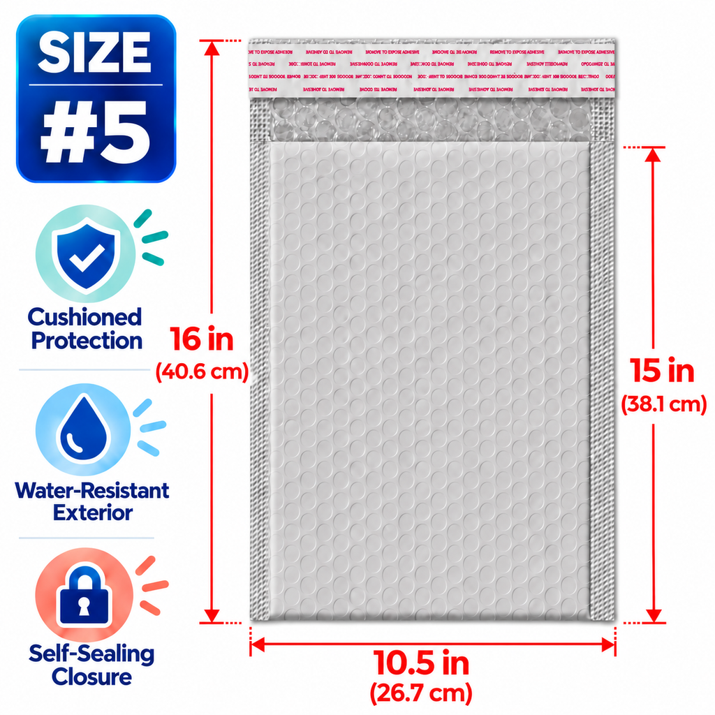 BM Paper 100-Pack #5 10.5" x 15" White Bubble-Lined Poly Mailers Self-Sealing Padded Shipping Envelopes