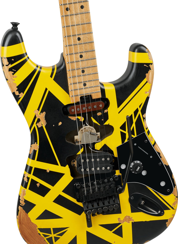 EVH 5107900528 Striped Series Frankenstein Frankie, Maple Fingerboard - Black with Yellow Stripes, Aged