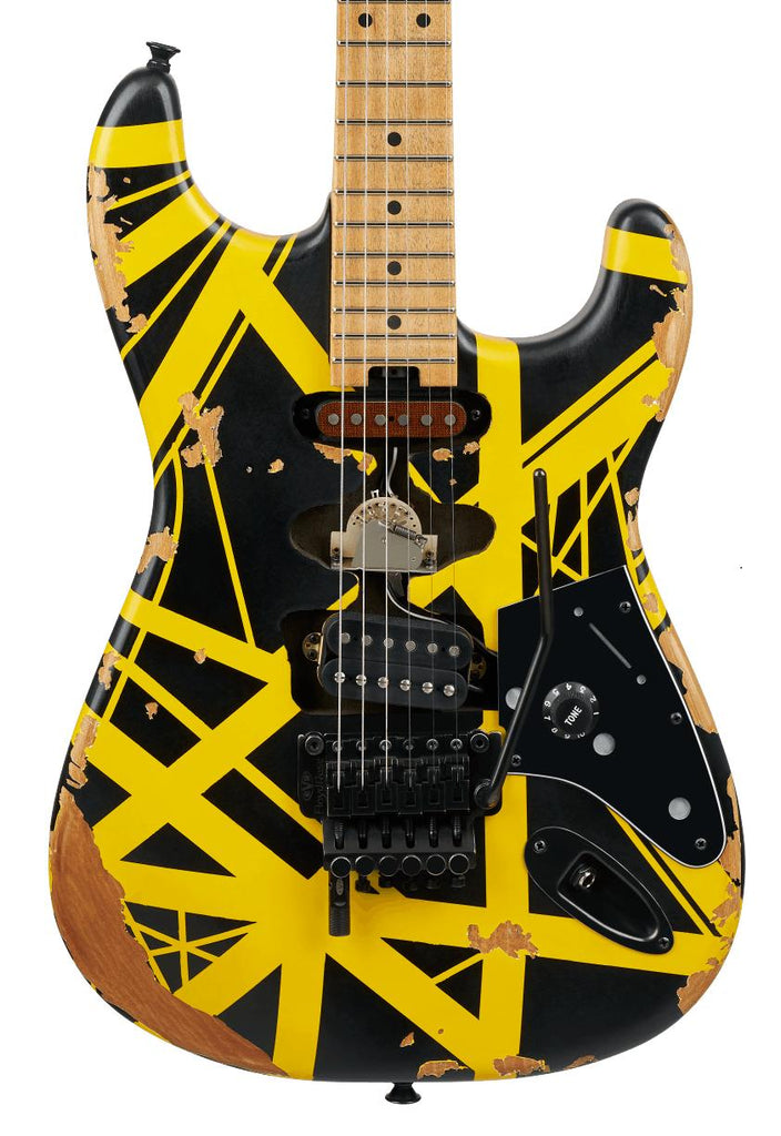 EVH 5107900528 Striped Series Frankenstein Frankie, Maple Fingerboard - Black with Yellow Stripes, Aged