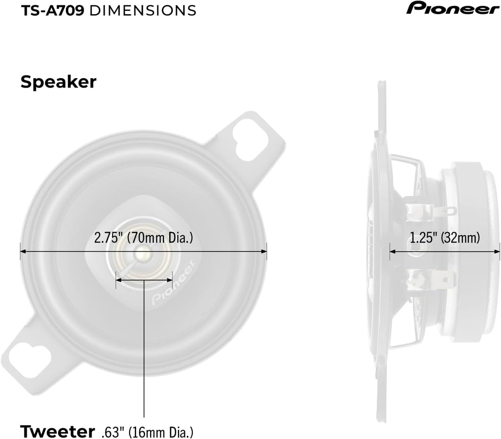 Pioneer TS-A709 A Series 2-3/4” 2-Way 450 Watt Max Power Coaxial Speaker with a 16mm Tweeter – Pair, Black