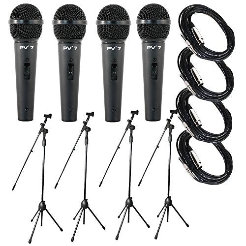 4 Peavey PV 7 ND Magnet Dynamic Microphone with 1/4" to XLR Cable + 4 Microphone Stands