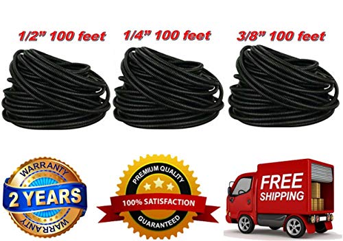 Absolute USA 300 Feet 3 Rolls 1/4", 3/8", 1/2" (100' Each) Black Split Loom Split Wire Loom Polyethylene Conduit Corrugated Plastic Tubing Sleeve