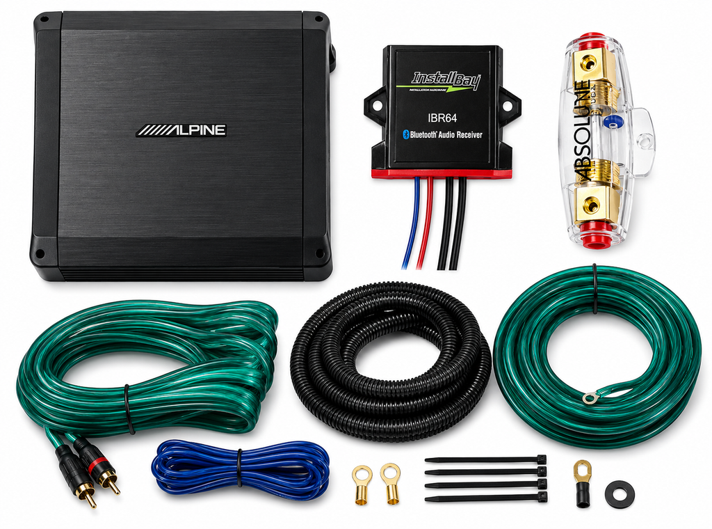 Alpine BBX-T600 2-Channel Amplifier + IBR64 Bluetooth Receiver + 4 Gauge Amp Kit
