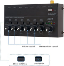 Load image into Gallery viewer, MR DJ MIX600 Ultra Low-Noise 6-Channel Line Mixer Stereo/Single Track Switch Microphone