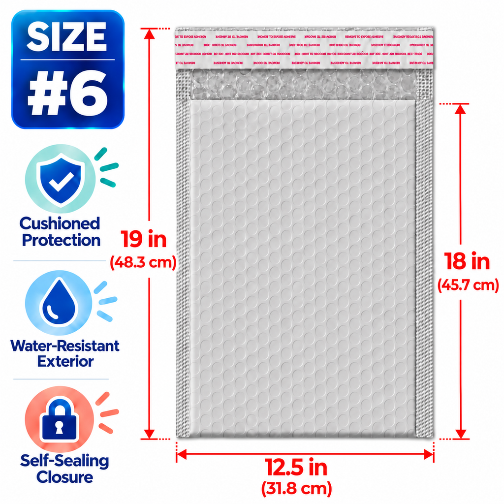 BM Paper 25-Pack #6 12.5" x 18" White Bubble-Lined Poly Mailers Self-Sealing Padded Shipping Envelopes