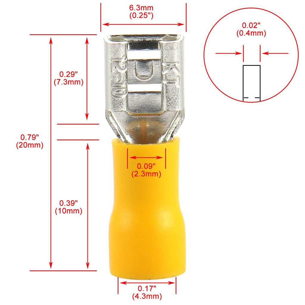 Female Quick disconnects Vinyl Insulated Spade Wire Connector Electrical Crimp Terminal 12-10 AWG Yellow Pack of 100