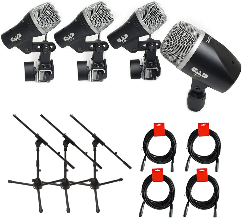 CAD Audio Stage4 4-Piece Drum Microphone Bundle with 3 Tripod Mic Stands & 4 XLR Cables