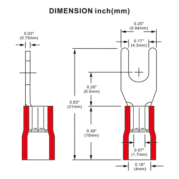 American Terminal E-SR8-100 100PCS 18-22AWG #8 Red Insulated Fork Spade Wire Connector Electrical Crimp Terminal