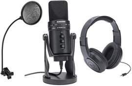 Samson G-Track Pro Studio USB Condenser Mic with Audio Interface - Bundle With Samson SR350 Over-Ear Stereo Headphones, Mr Dj Pop Filter with Gooseneck