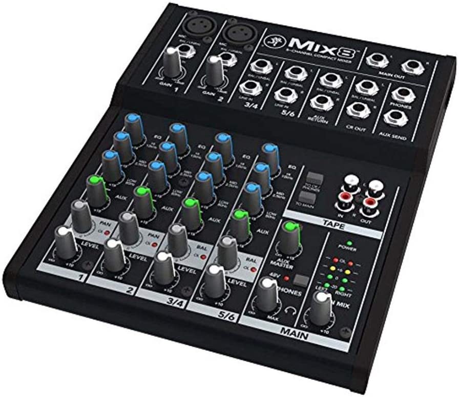 Mackie Mix8 8-Channel Compact Mixer Bundle with MR DJ Headphones, Two 1/4" TRS Cables &  XLR Cables