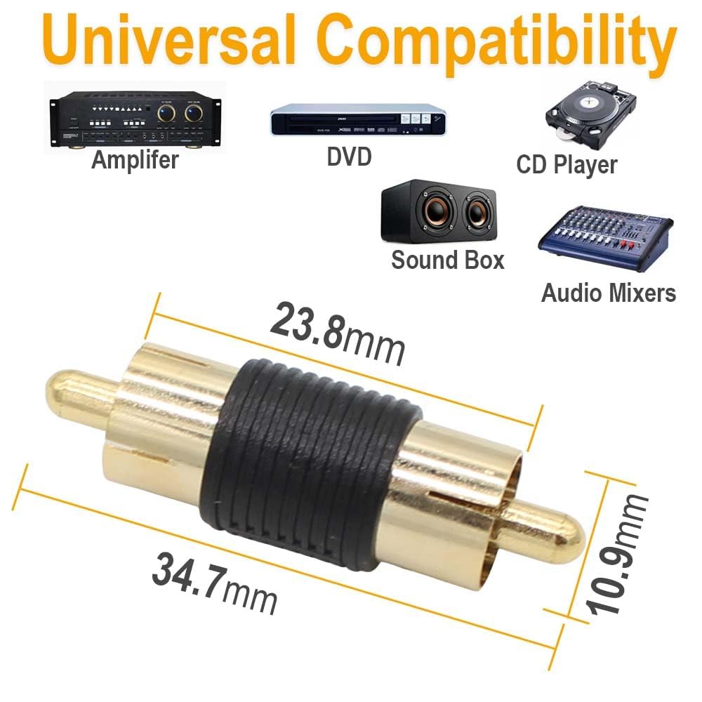 6 Pack Female & Male Gold RCA cable Cord Coupler Joiner barrel Connectors