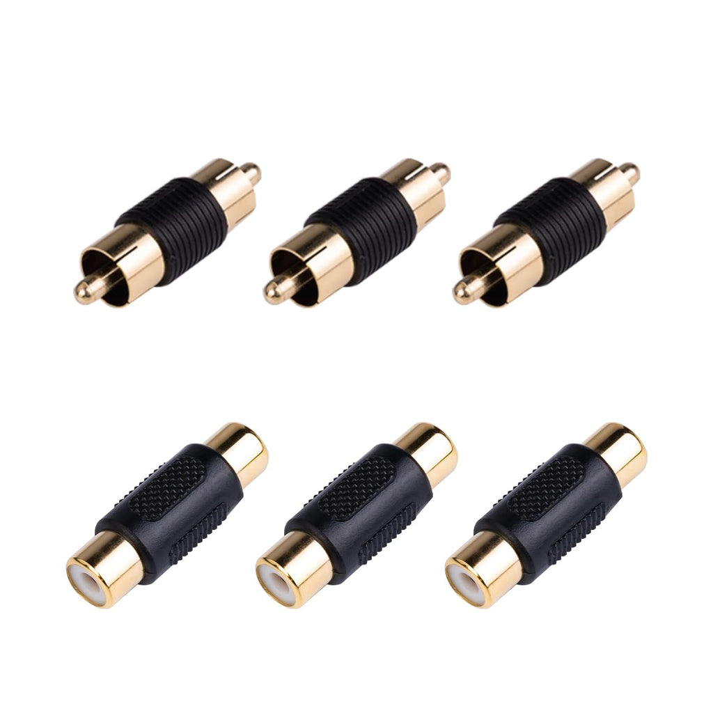 6 Pack Female & Male Gold RCA cable Cord Coupler Joiner barrel Connectors