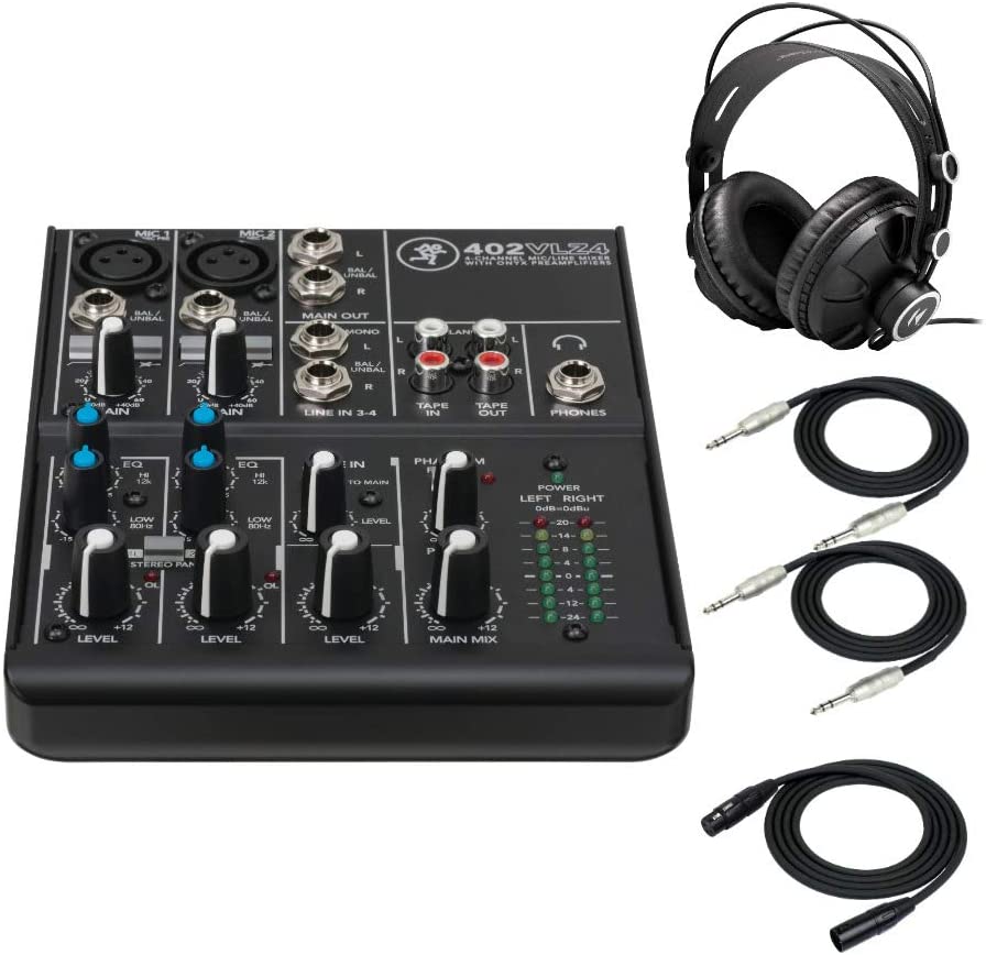 Mackie 402VLZ4, 4-channel Ultra Compact Mixer with High-Quality Onyx Preamps with MR DJ Headphones, 1/4" TRS Cables, & XLR Cable Bundle