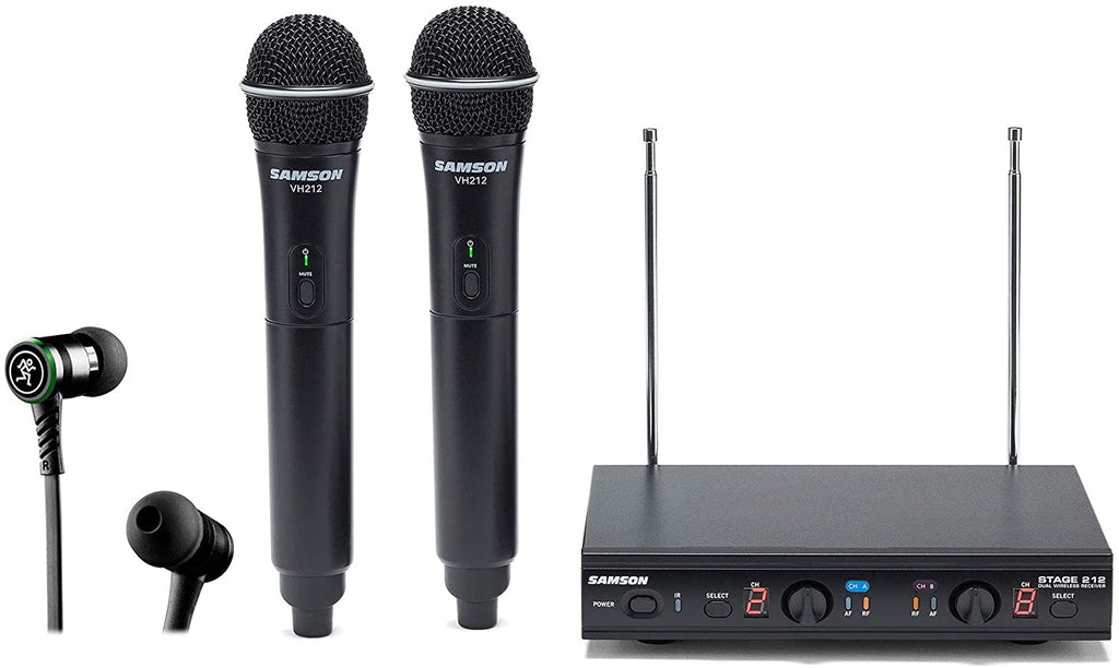 SAMSON Stage 212 Dual VHF Handheld Wireless Microphone System w 2 Q6 Mics Bundle with Mackie CR BUDS Studio Quality Earphones EarBuds Headphones w Mic & Controls