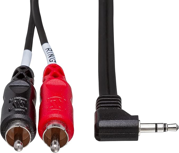 Hosa CMR-203R Stereo Breakout Cable - Right-angle 3.5mm TRS Male to Left and Right RCA Male - 3 foot