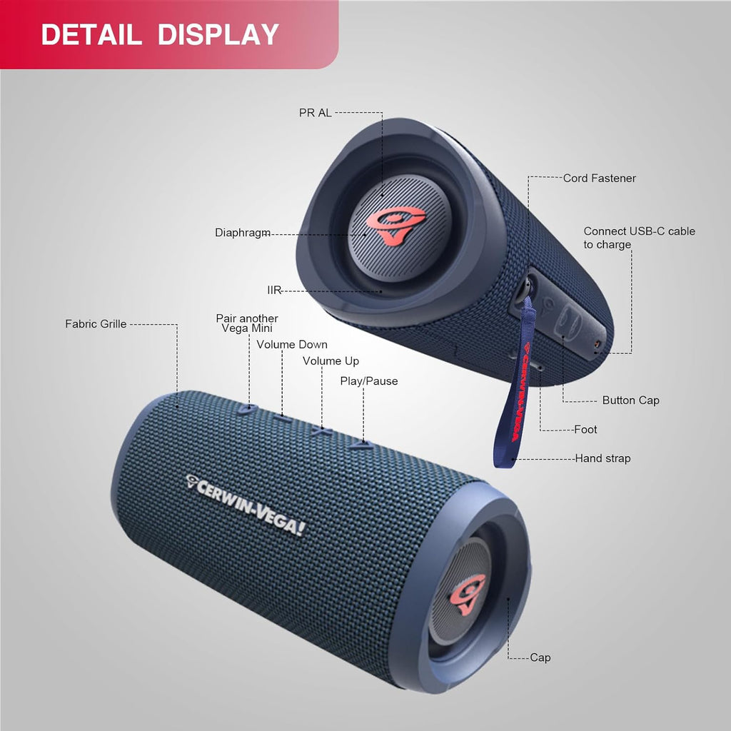 Cerwin Vega VMBLU Vega Mini Blue Portable Compact Powerhouse Bluetooth Speaker