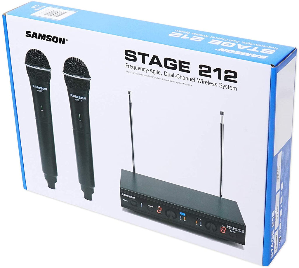 SAMSON Stage 212 Dual VHF Handheld Wireless Microphone System w 2 Q6 Mics Bundle with Mackie CR BUDS Studio Quality Earphones EarBuds Headphones w Mic & Controls