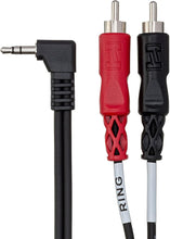 Charger l'image dans la galerie, Hosa CMR-203R Stereo Breakout Cable - Right-angle 3.5mm TRS Male to Left and Right RCA Male - 3 foot