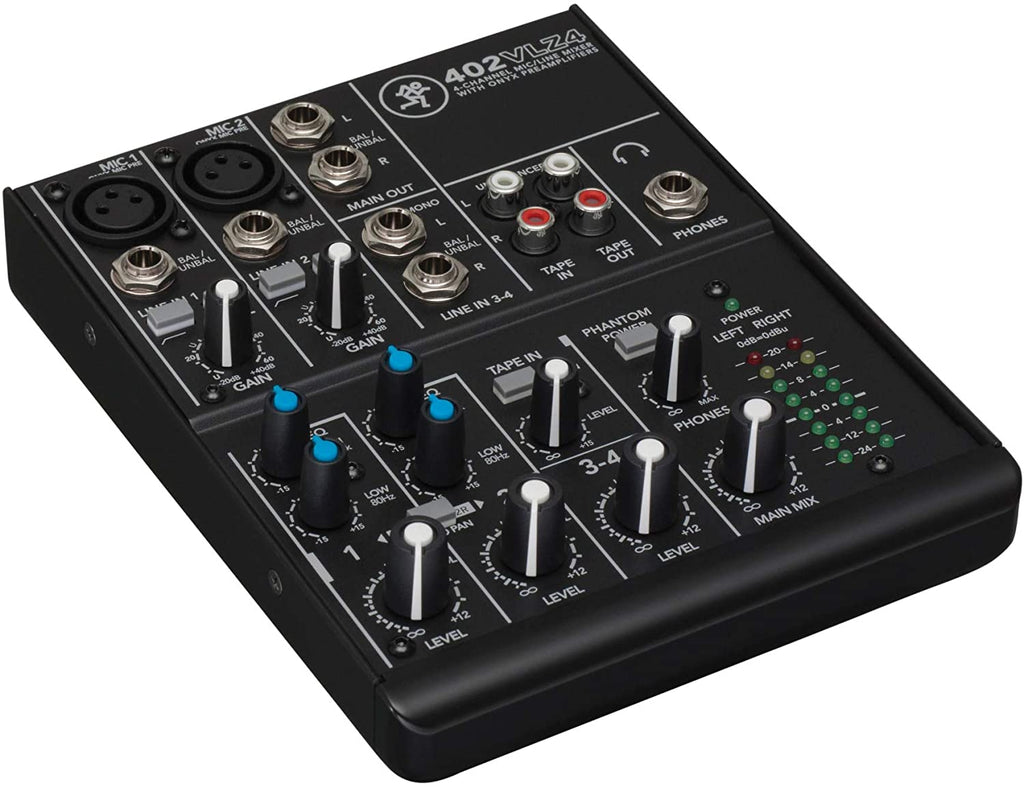 Mackie 402VLZ4, 4-channel Ultra Compact Mixer with High-Quality Onyx Preamps with MR DJ Headphones, 1/4" TRS Cables, & XLR Cable Bundle