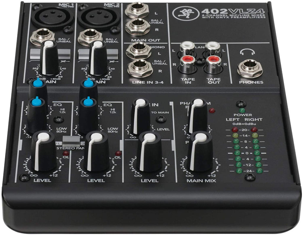 Mackie 402VLZ4, 4-channel Ultra Compact Mixer with High-Quality Onyx Preamps with MR DJ Headphones, 1/4" TRS Cables, & XLR Cable Bundle