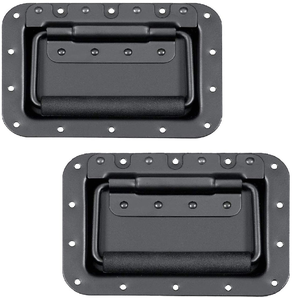 Absolute USA Set of 2 Spring Loaded Speaker Cabinet Handles 5.5 x 3.9 inches with Recessed Back - High Strength Black Metal Plate with Powerful Spring - Rubberized Holder to Reduce Hand Fatigue (1 Pair)