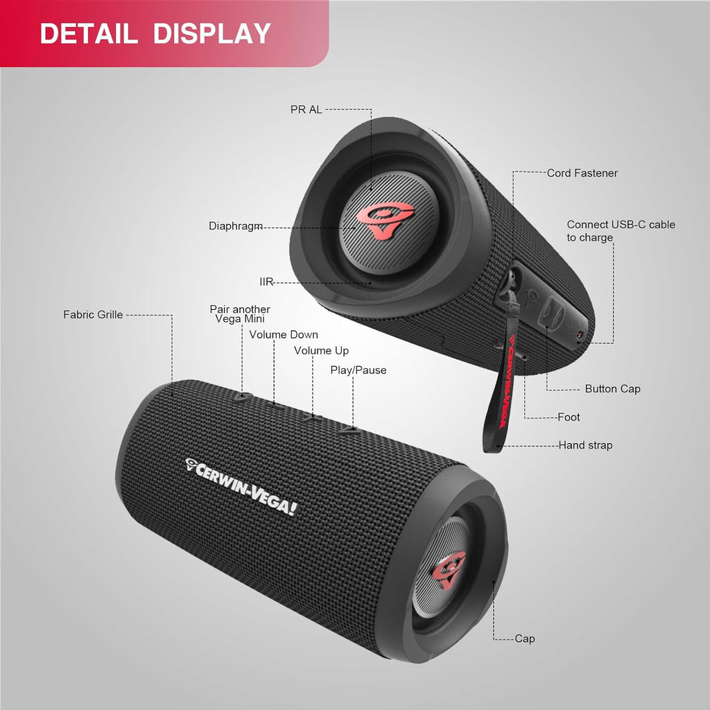 Cerwin Vega VMBLK Vega Mini Black Portable Compact Powerhouse Bluetooth Speaker