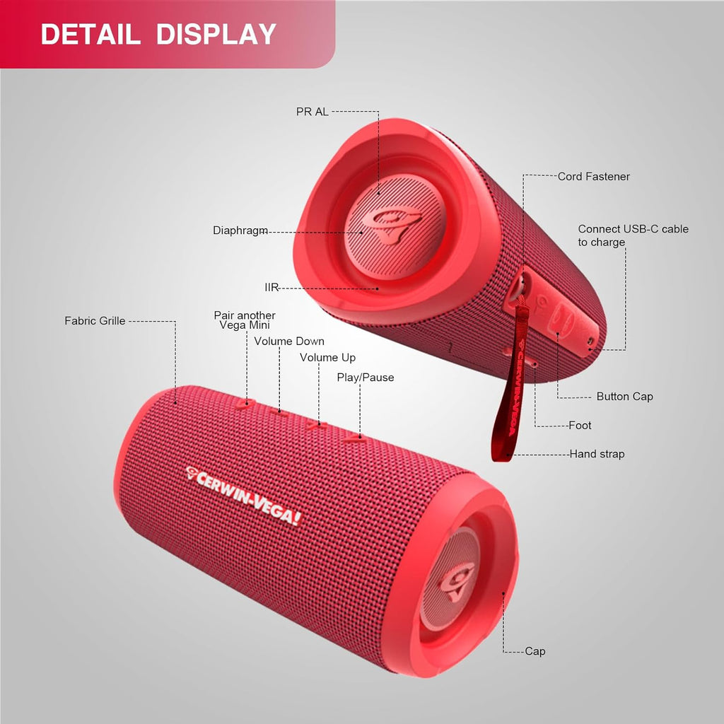 Cerwin Vega VMRD Vega Mini Red Portable Compact Powerhouse Bluetooth Speaker